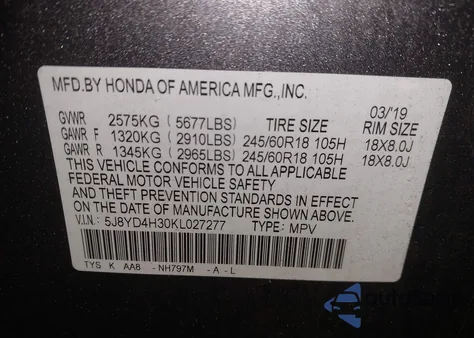 2019 Acura Mdx Standard from USA, damaged, VIN 5J8YD4H30KL027277